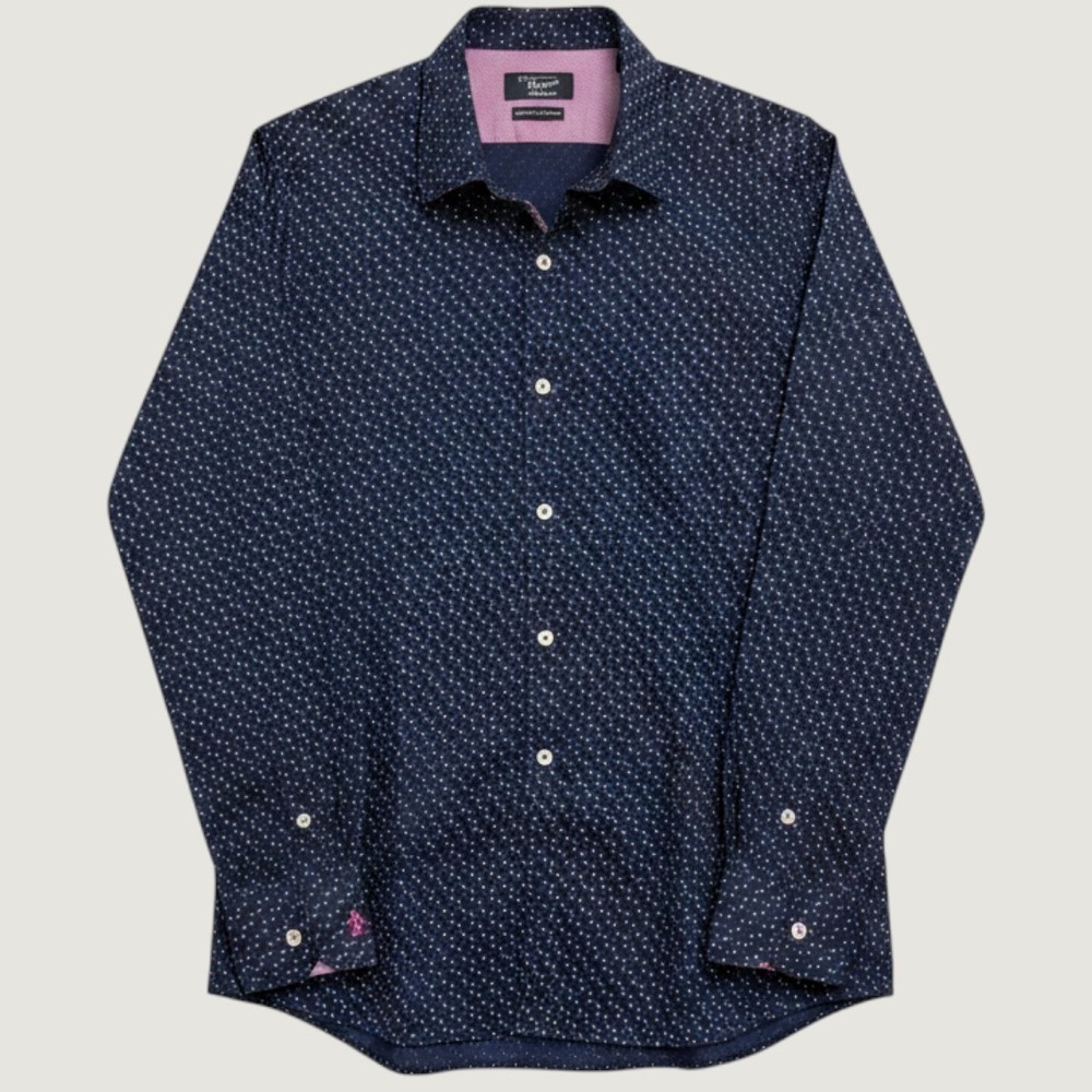 Original Penguin Button Down‎ 16.5 32/33 Slim Fit Navy Geometric Cotton Blend